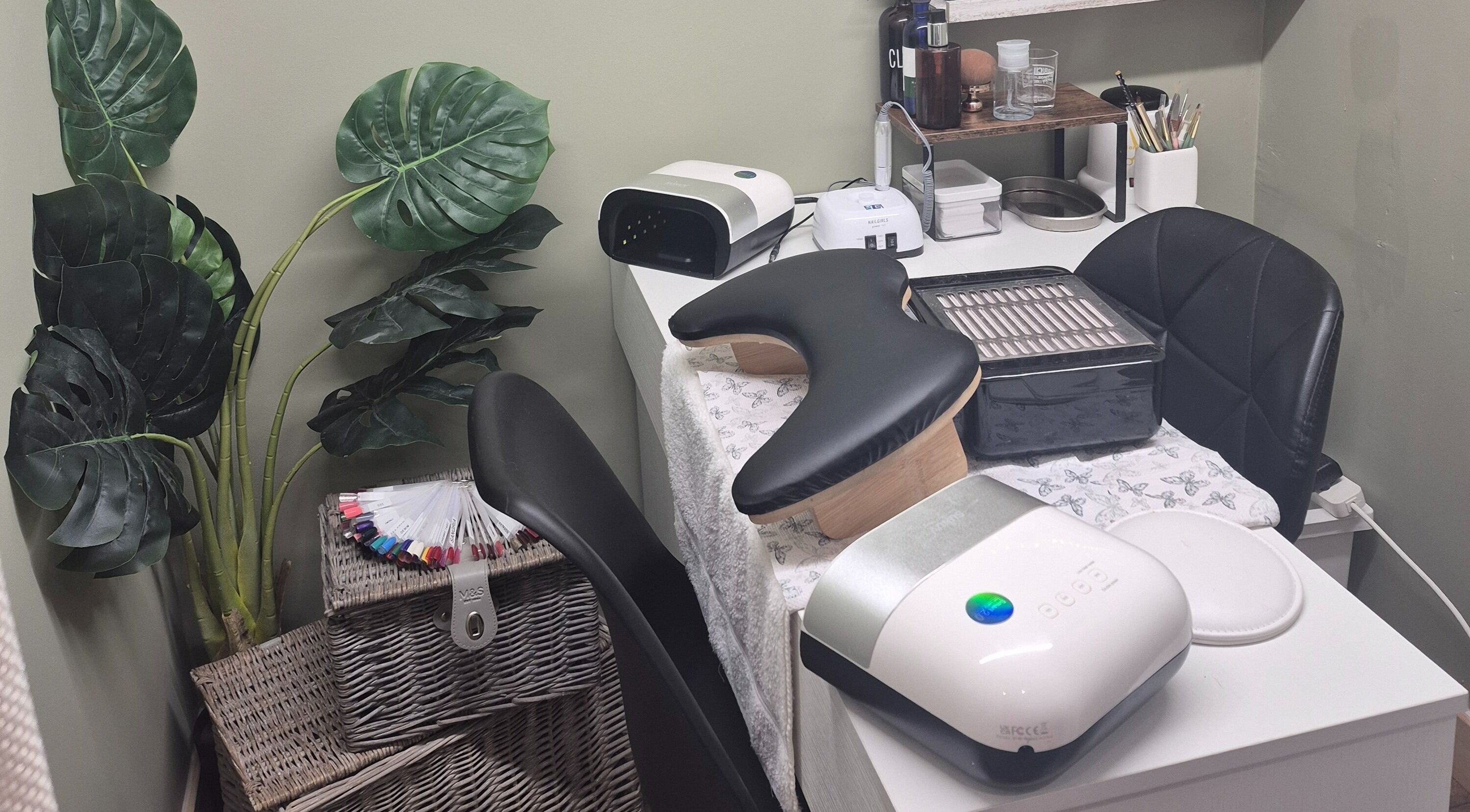 Elegant nail care corner at Liuda’s Massage and Beauty, Alexandria, Scotland, GB featuring modern equipment.