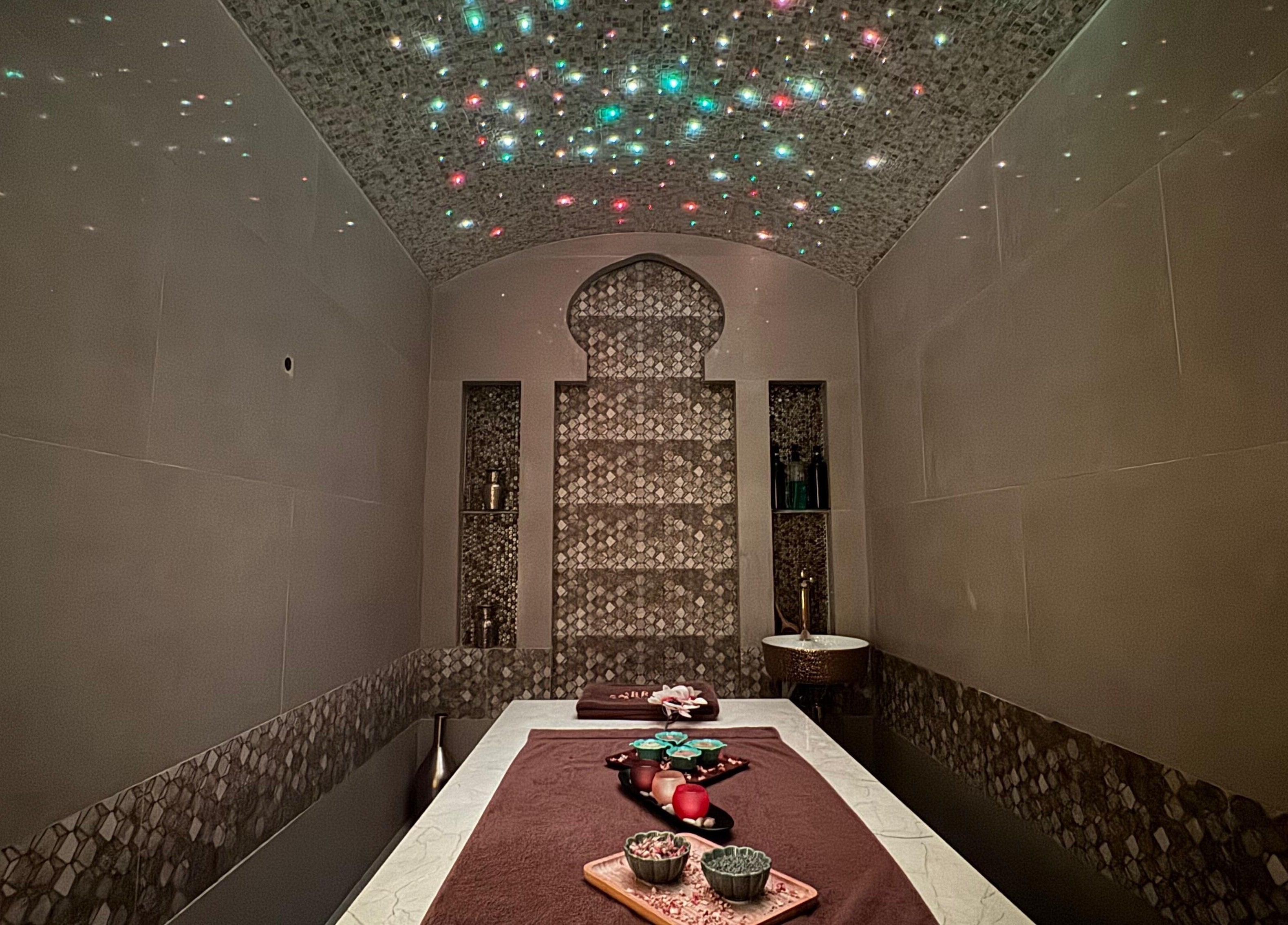 Elegant spa room with starry ceiling at Abreez Beauty Salon, Sharjah, Sharjah, AE, offering relaxation ambiance.