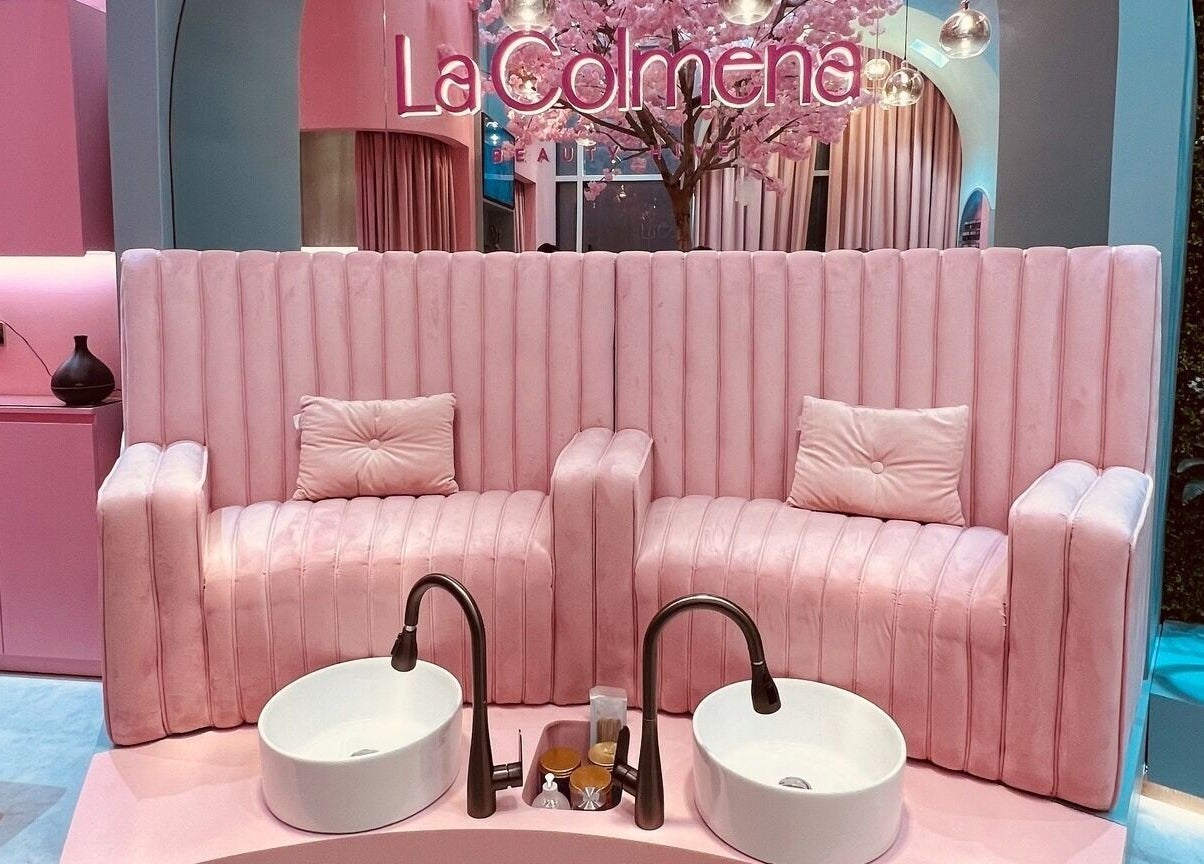Luxurious pink spa seating at La Colmena Beauty Hive, Dubai, Dubai, AE, with plush decor and pedicure setup.