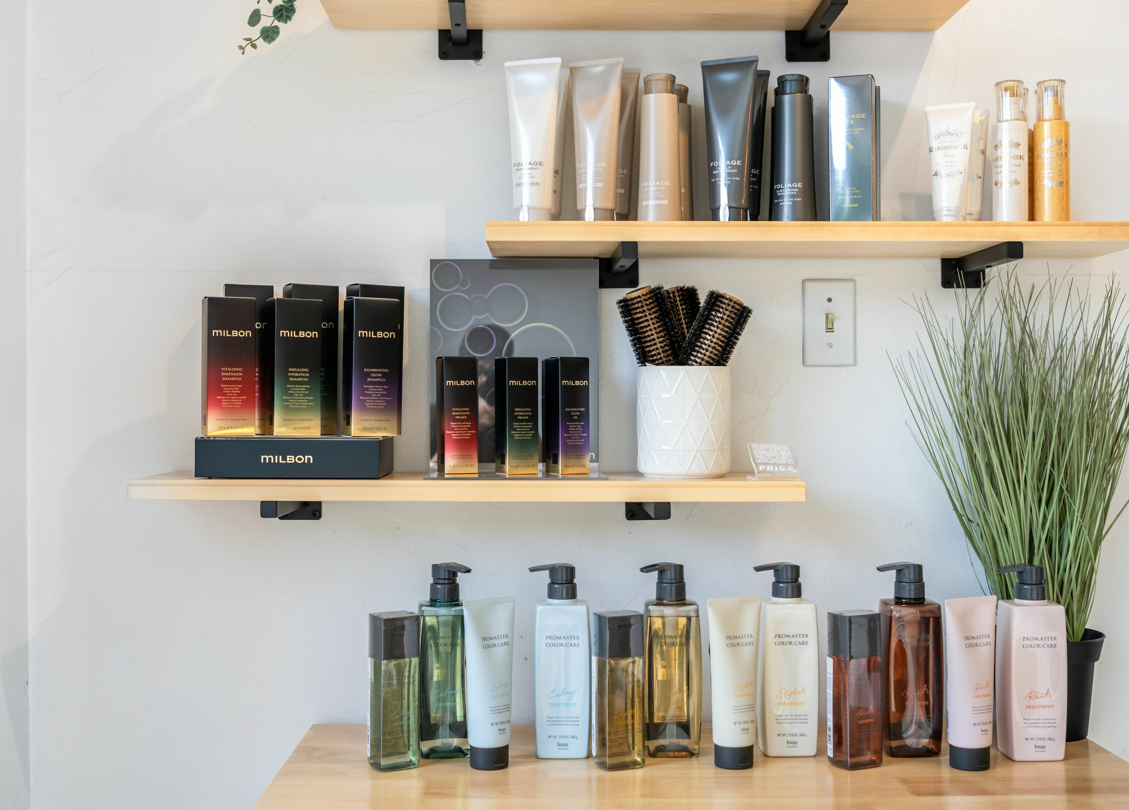 Stylish hair products displayed at Hive Hair Spa at Oak, Vancouver, British Columbia, CA.