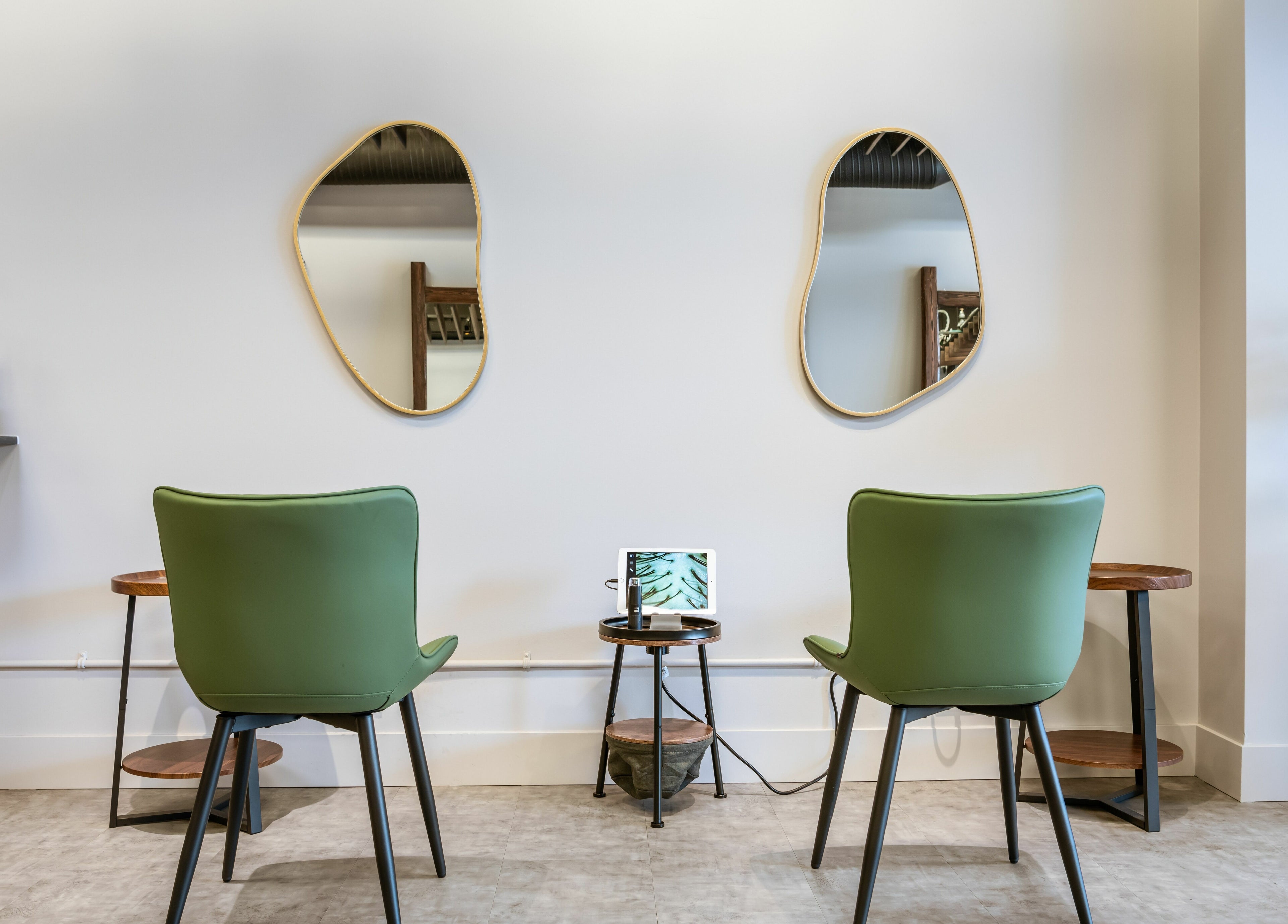 Elegant seating area in Hive Hair Spa | Broadway, Vancouver, British Columbia, CA with mirrors and greenery.
