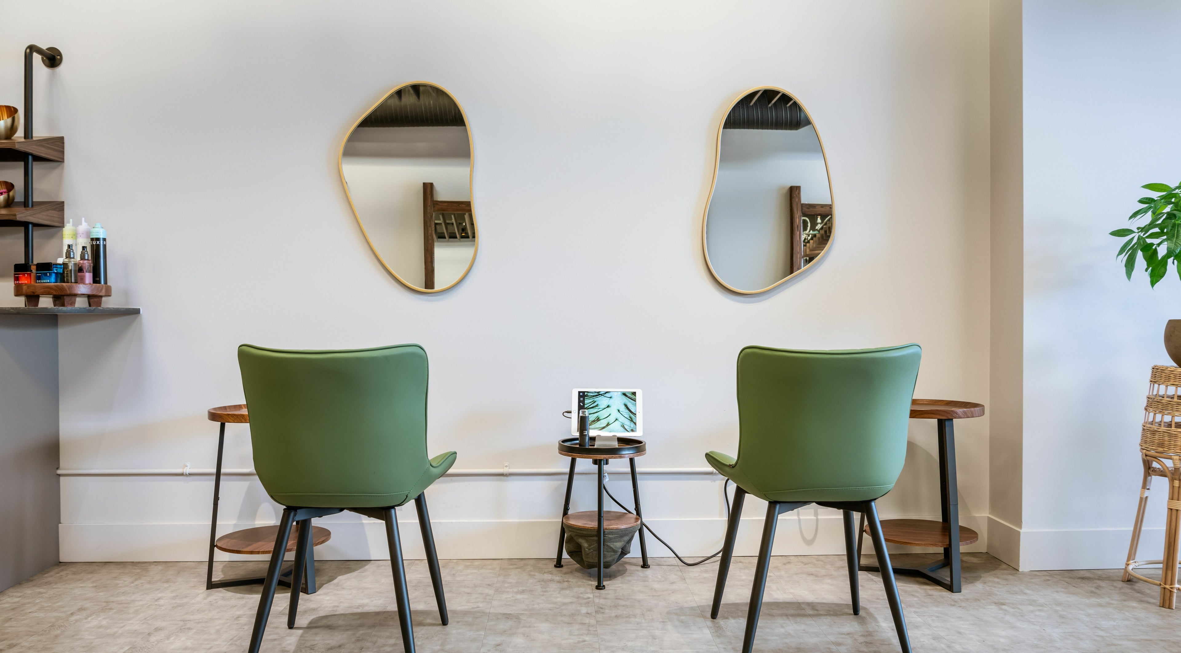 Elegant seating area in Hive Hair Spa | Broadway, Vancouver, British Columbia, CA with mirrors and greenery.