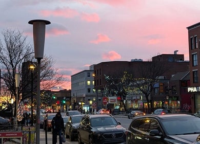 A vibrant evening street scene near Ugnayan Pratique Holistique, Snowdon, Montréal, Québec, CA.