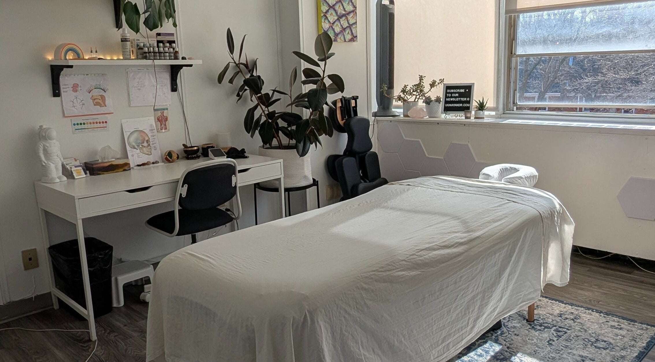 Relaxing massage room at Ugnayan Pratique Holistique in Snowdon, Montréal, Québec, CA, with plants and soft light.