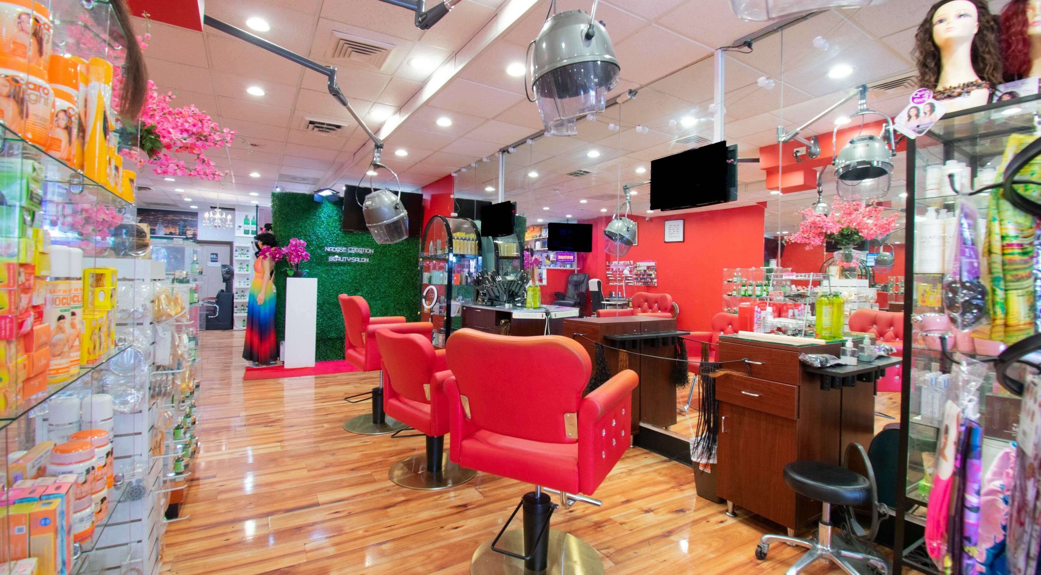 NADEGE CREATION - RANDOLPH salon interior with vibrant decor in Randolph, Massachusetts, US.