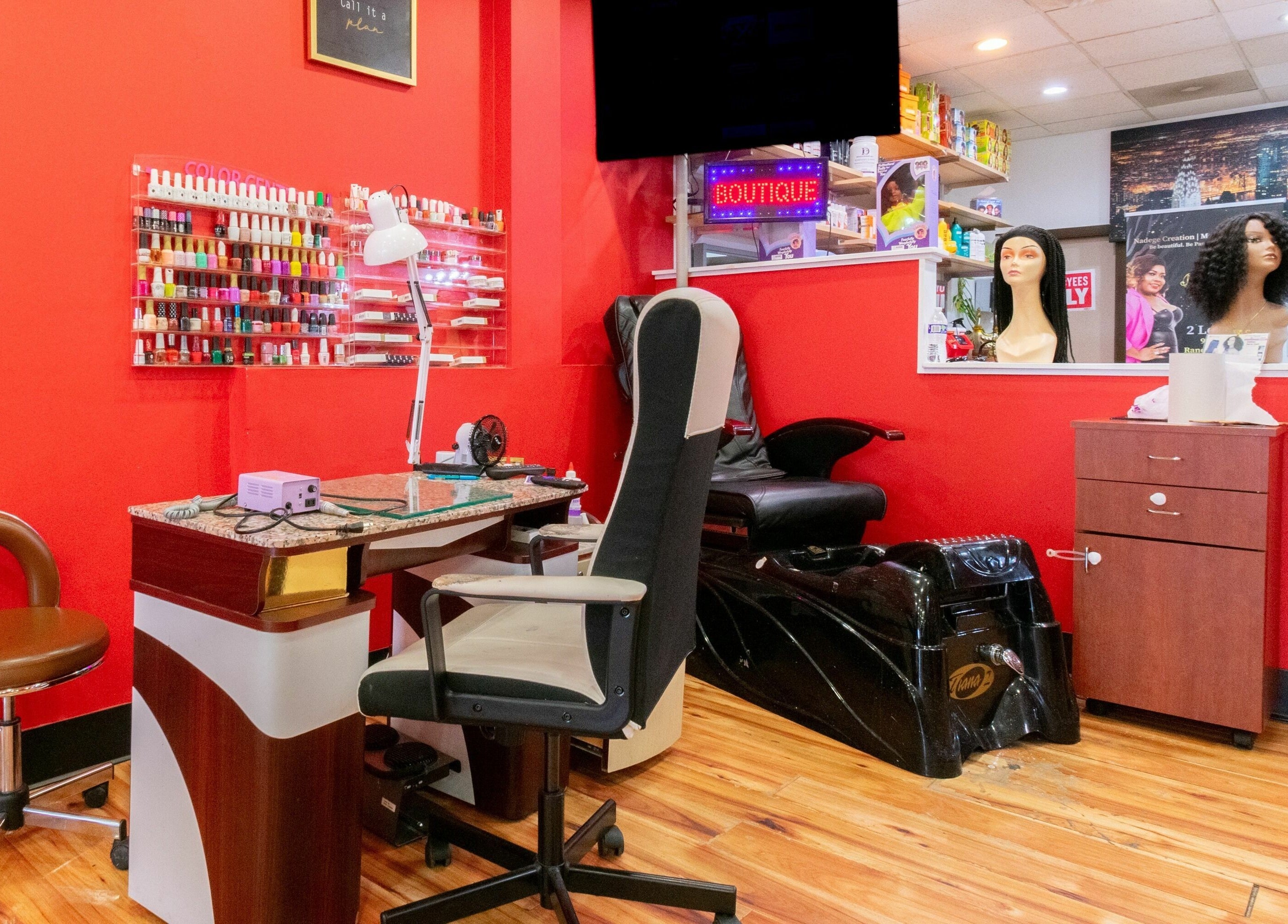 Nadege Creation - SOUTH SHORE PLAZA nail and hair salon interior, Braintree, Massachusetts, US.