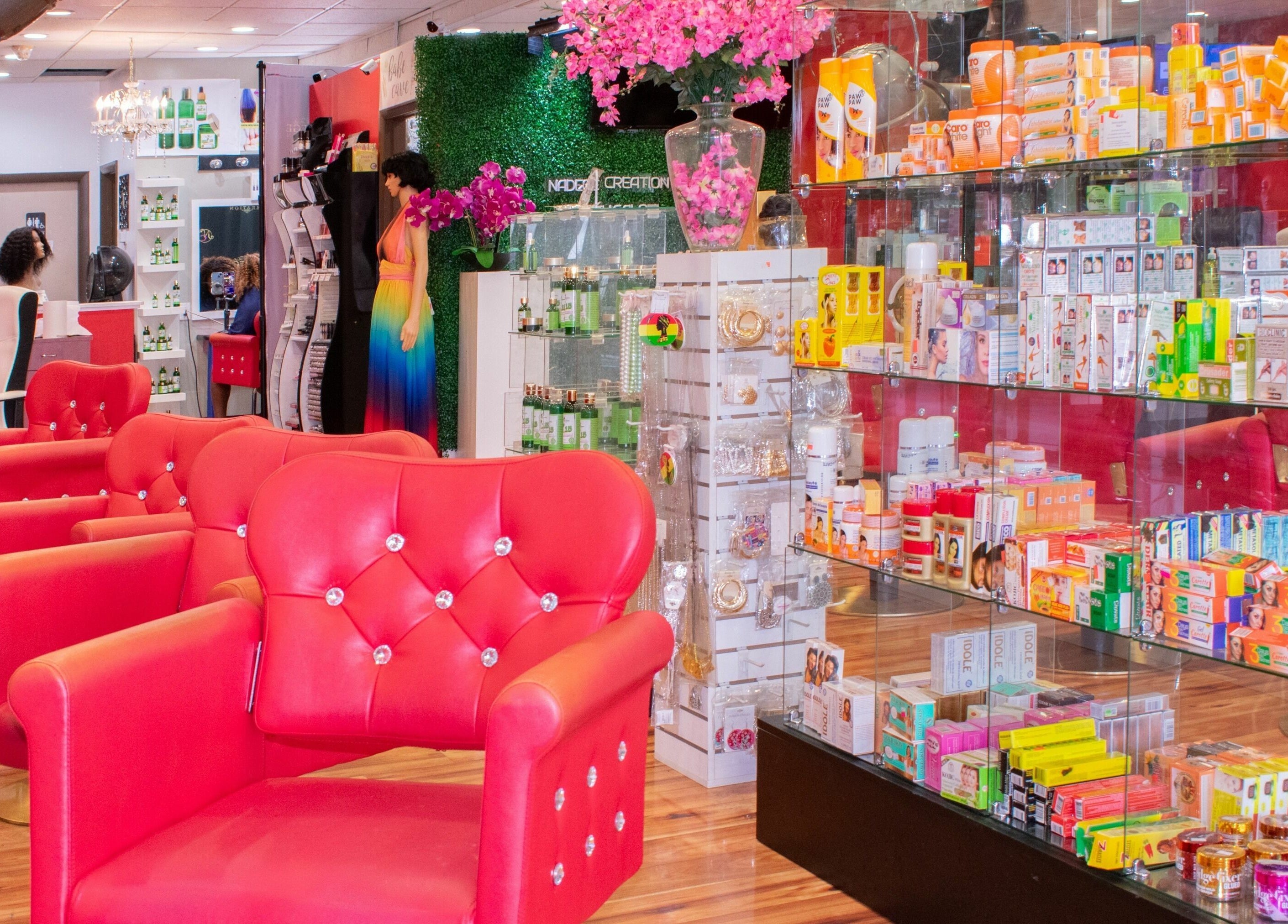 Bright seating and beauty products at Nadege Creation - SOUTH SHORE PLAZA, Braintree, Massachusetts, US.