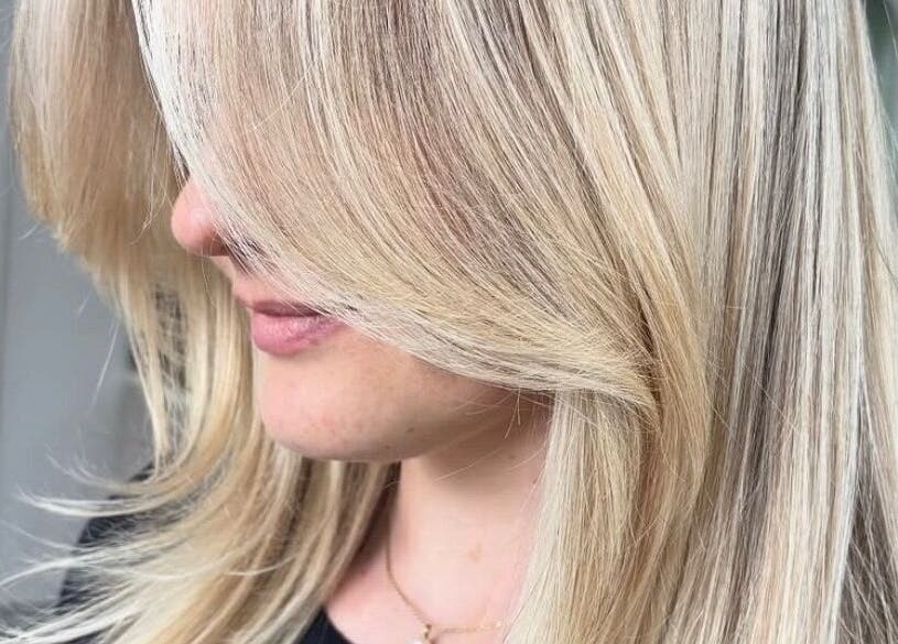 Close-up of smooth blond hair styled at Pure Styling by Kerry Slee, Toowoomba city, Queensland, AU.