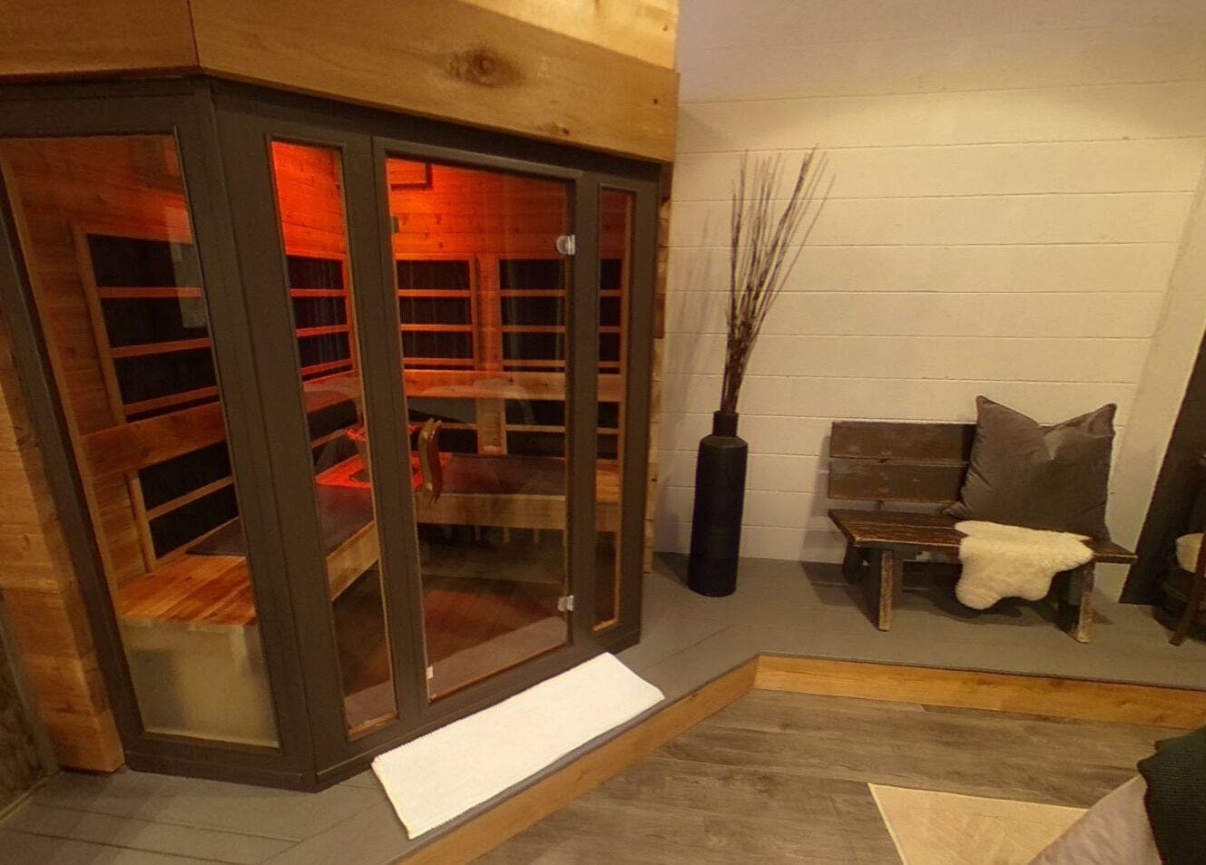 Cozy sauna at Cedar & Sage Co in Banff, Alberta, CA, offering relaxation and wellness.