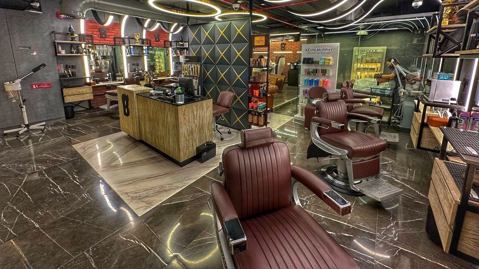 Modern barber interior at Bekky Barber - Dubai Hills Mall, Dubai, AE featuring stylish chairs and decor.