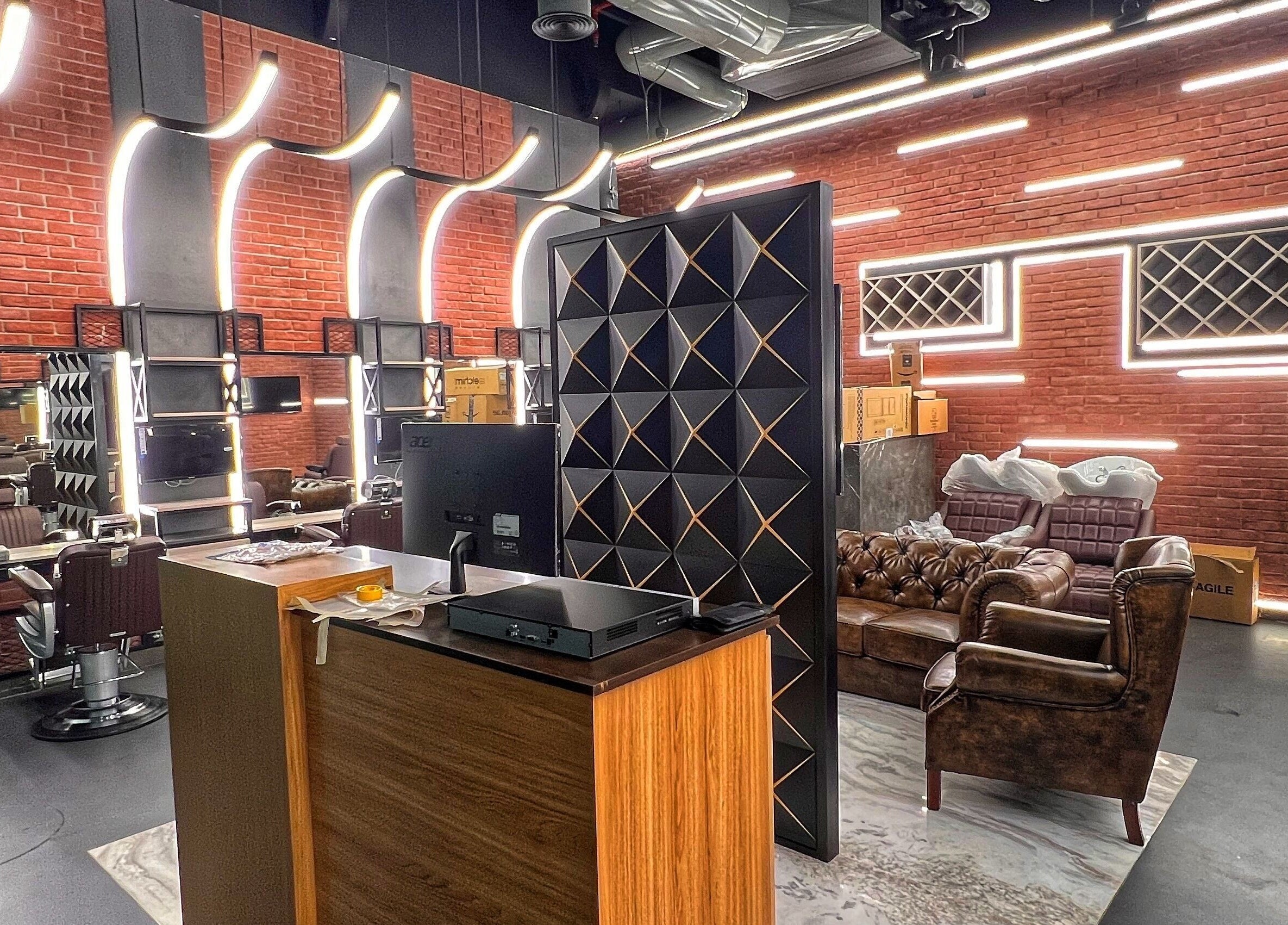 Modern salon interior at Bekky Barber - Beach Front, Dubai, AE with stylish decor and luxurious seating.