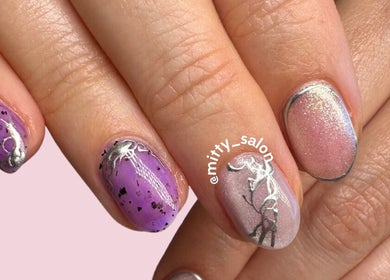 Artistic purple and silver nail art at Fitzroy - Mitty Nails & Beauty, Melbourne, Victoria, AU.