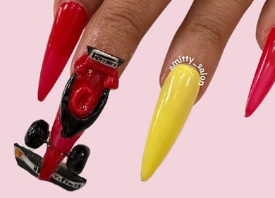 Unique racecar-themed nail art at Fitzroy - Mitty Nails & Beauty, Melbourne, Victoria, AU.