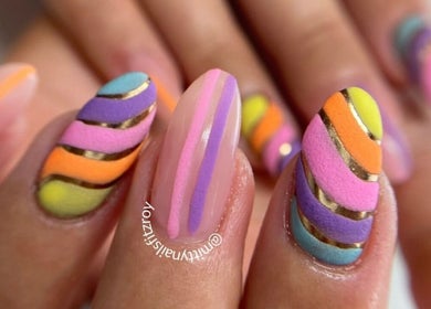 Colorful stripe nails at Fitzroy - Mitty Nails & Beauty, Melbourne, Victoria, AU.