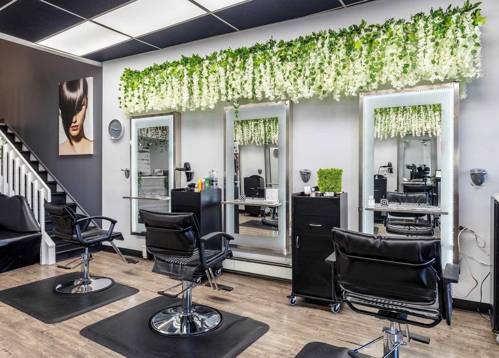 Modern styling chairs and mirrors at Michele’s Station Square Hair Salon, Rutherford, New Jersey, US.