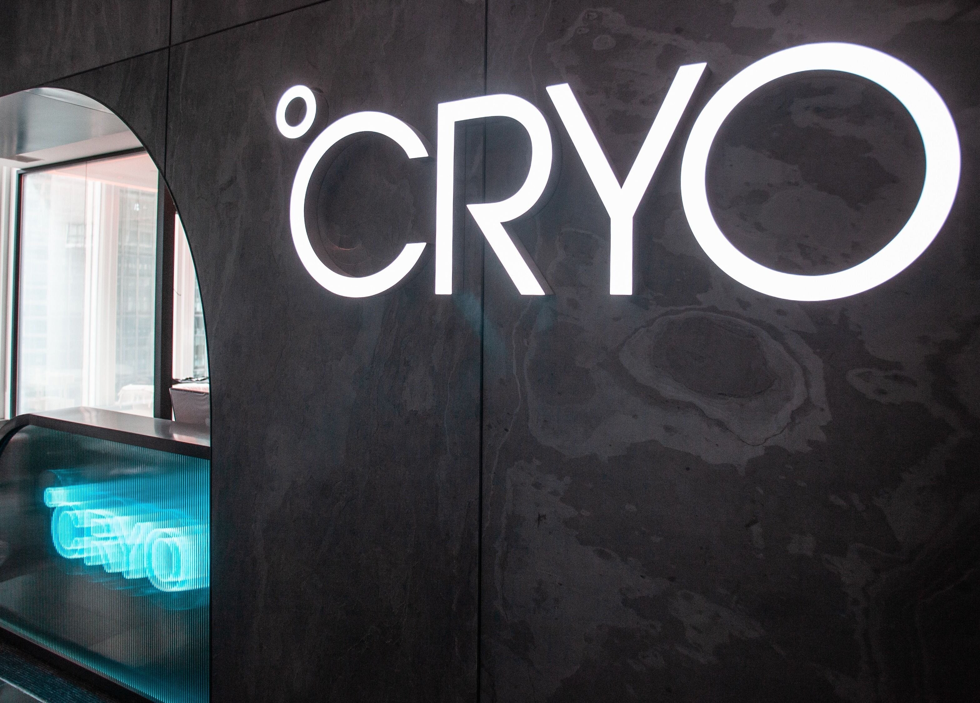 CRYO Hong Kong reception area with illuminated logo on Hong Kong Island, Hong Kong Island, HK.