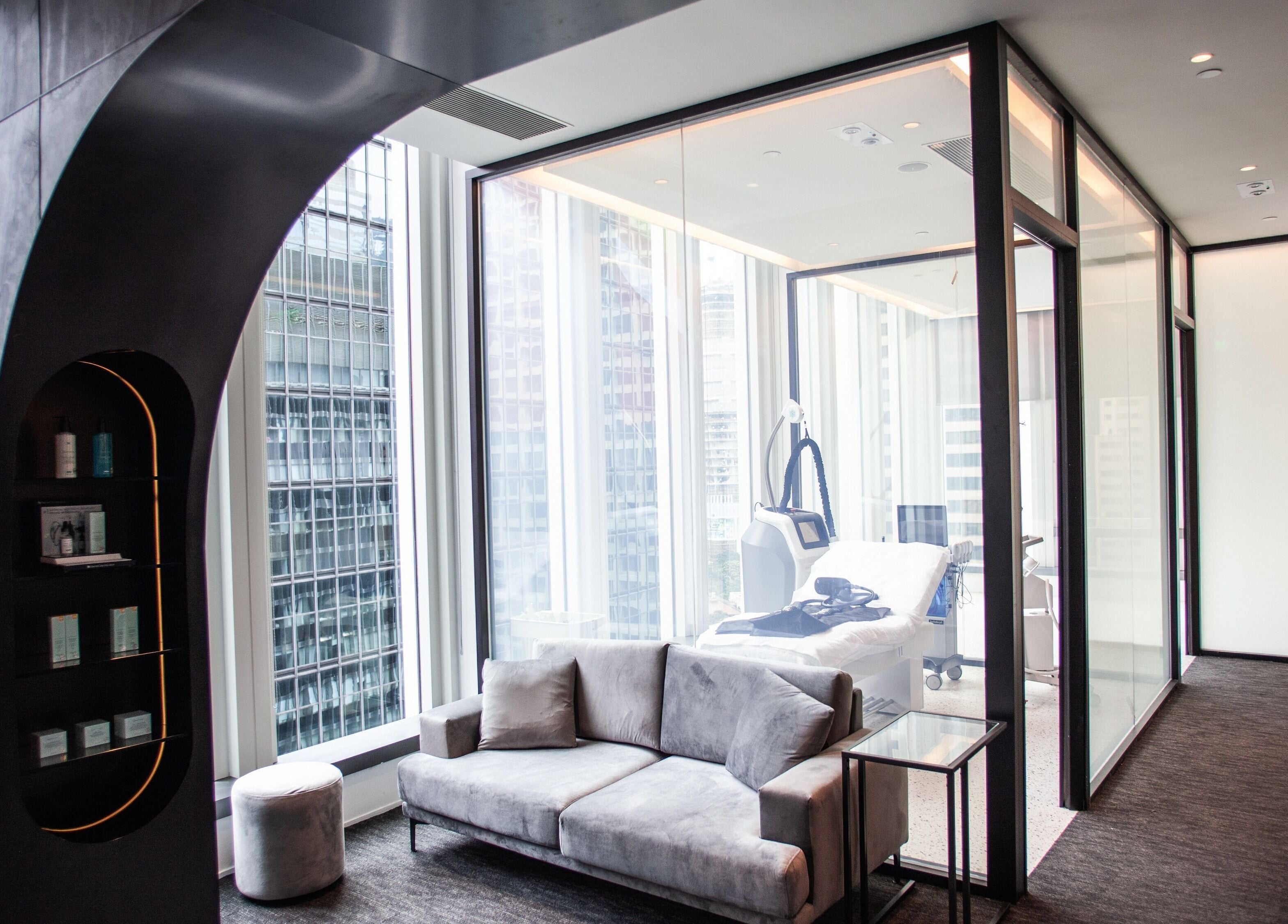 Sleek interior of CRYO Hong Kong on Hong Kong Island, featuring a stylish lounge and treatment room.