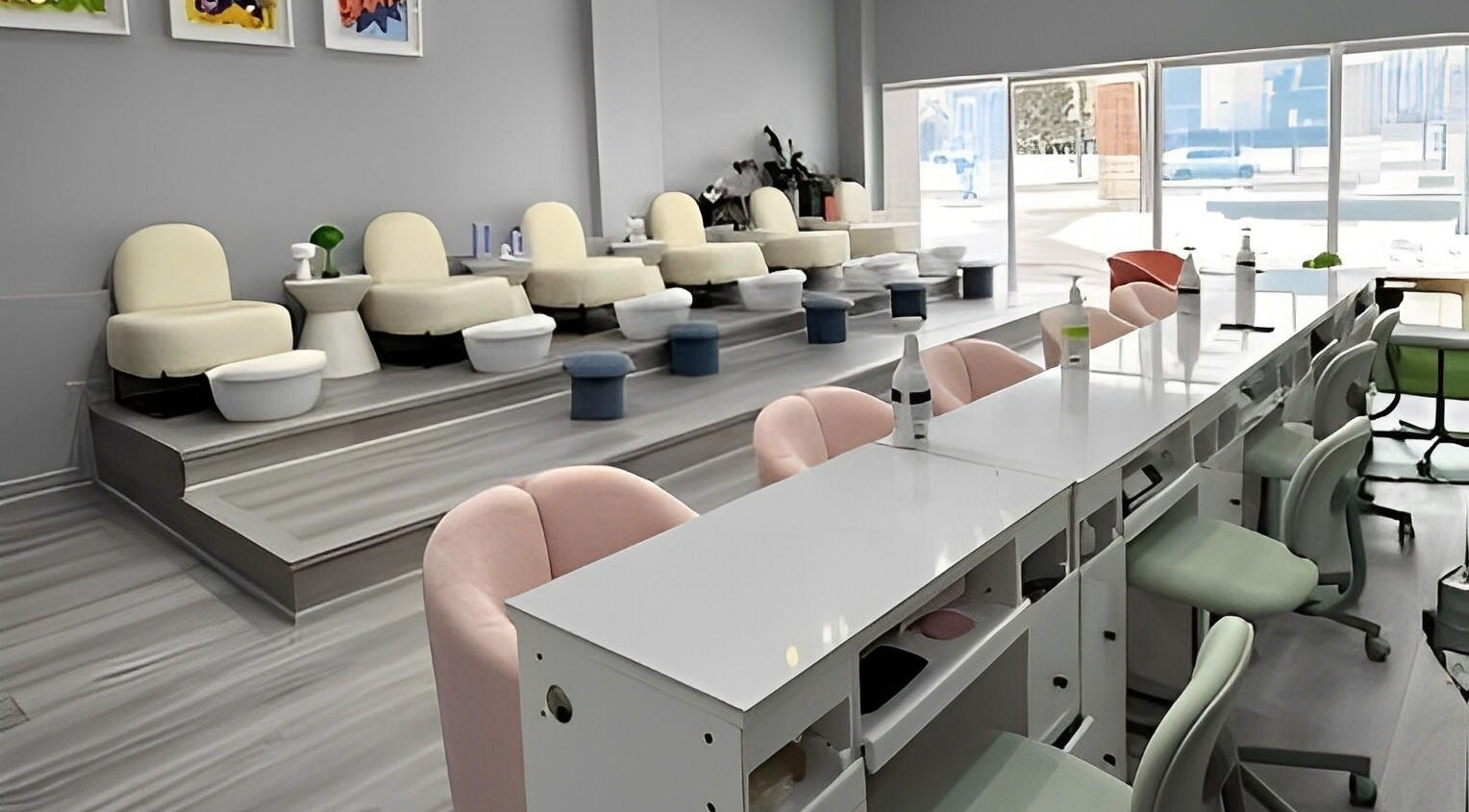 Modern pedicure and manicure stations at Leluxe Nail Studio, Toronto, Ontario, CA.