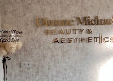 Beauty by Dionne entrance with gold sign at Stockport, England, GB.