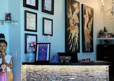 Reception at Sawasdee Thai Spa, featuring Thai decor and art in Las Vegas, Nevada, US.