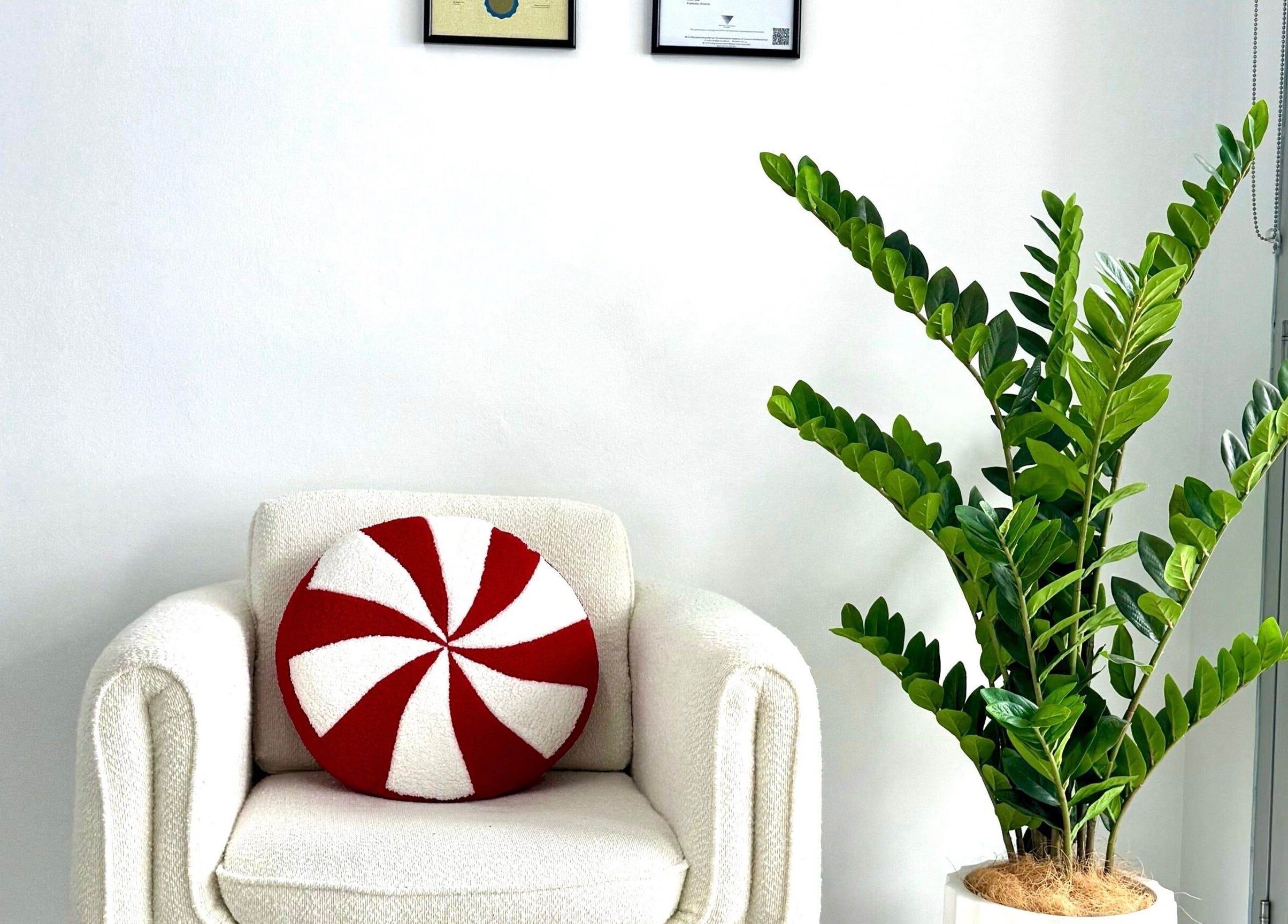 Inviting chair with red pillow at Rejuvenate Hair and Skin, Moonee Ponds, Victoria, AU.