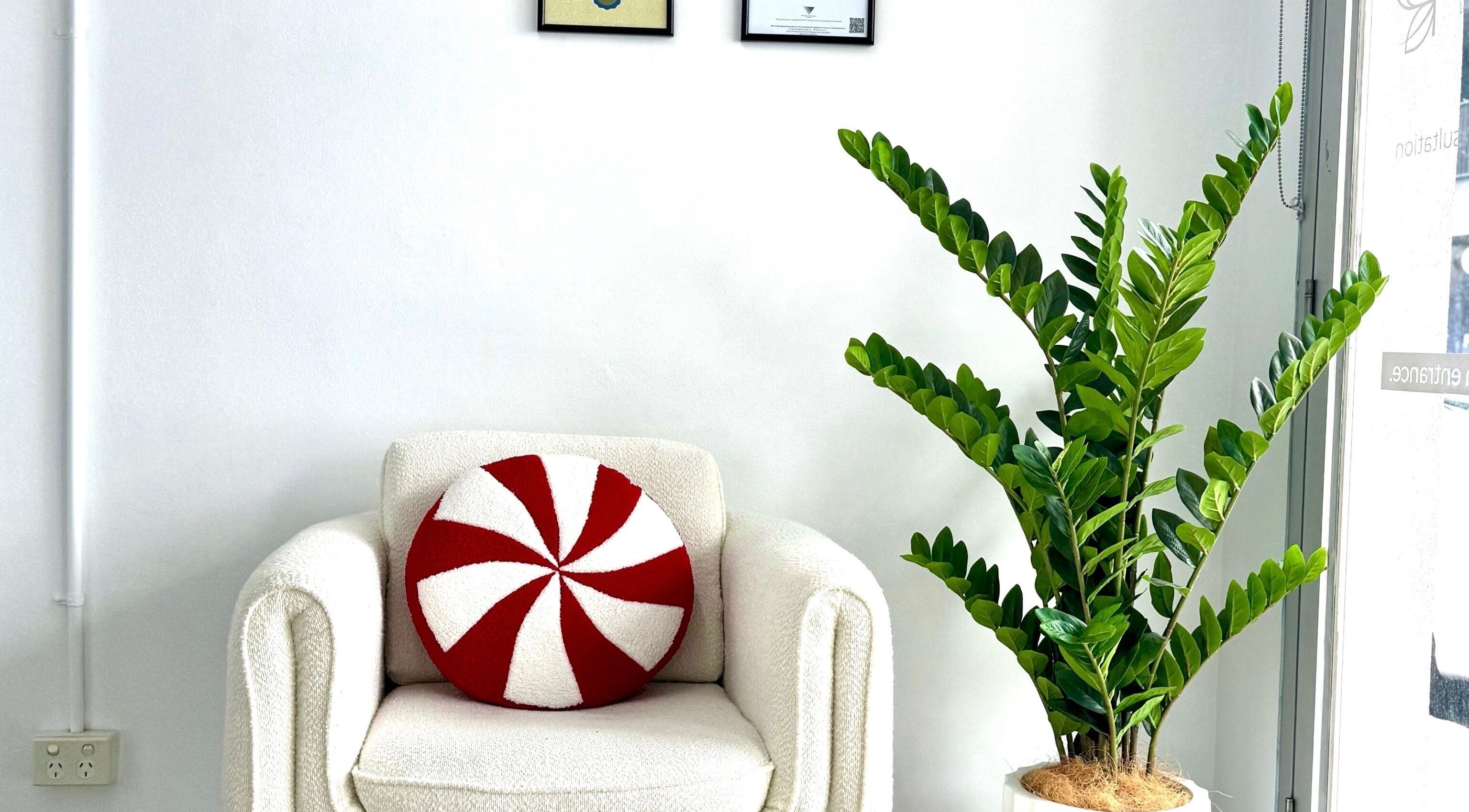 Inviting chair with red pillow at Rejuvenate Hair and Skin, Moonee Ponds, Victoria, AU.