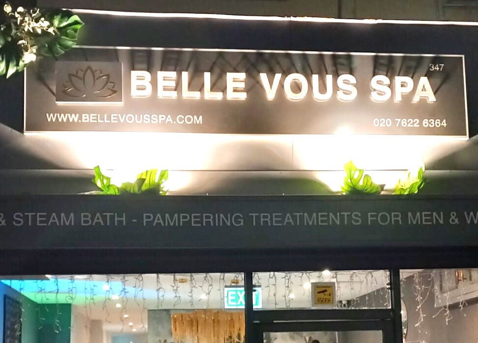 Illuminated sign at Belle Vous Spa Nine Elms, London, England, GB, showcasing their elegant facade.