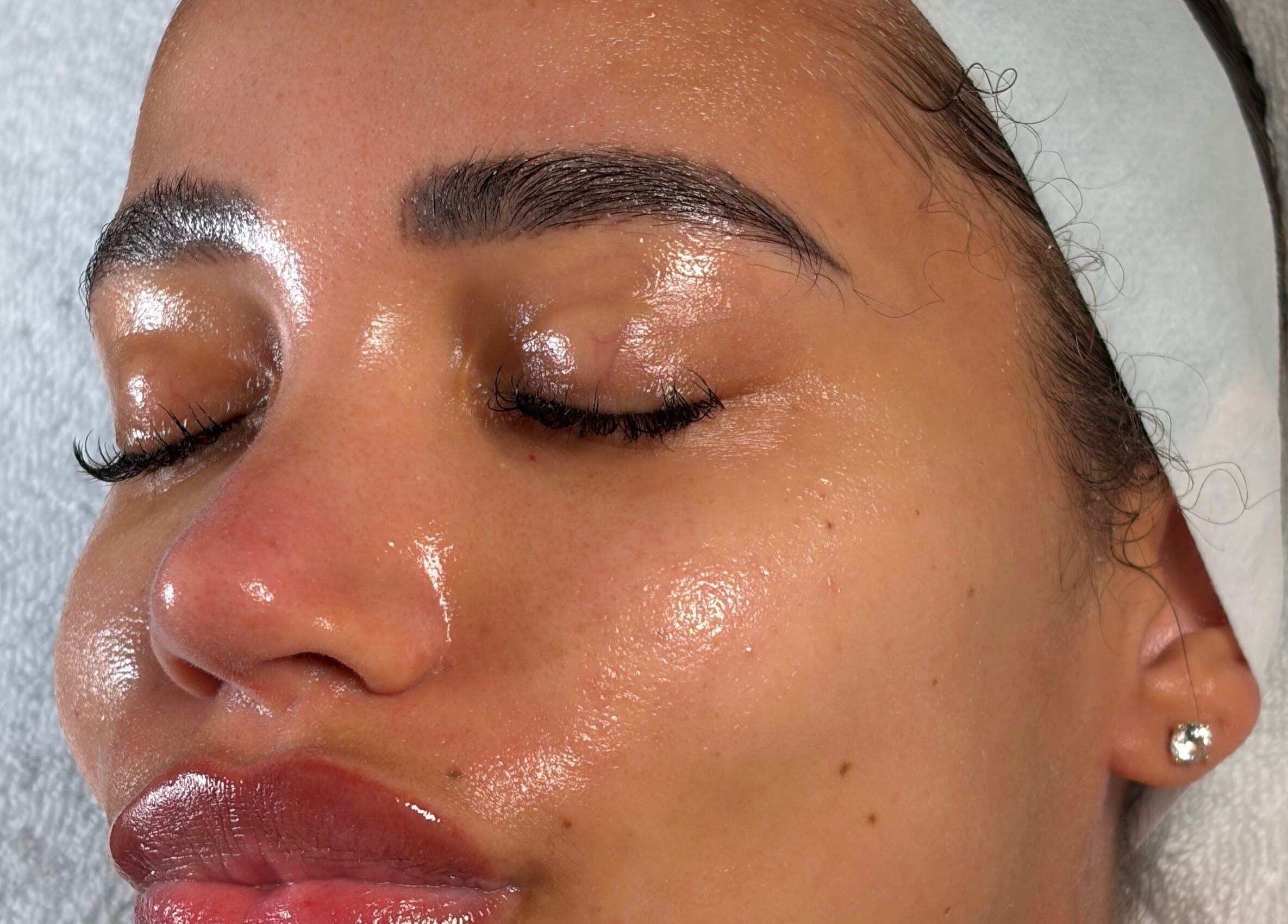 Close-up of glowing skin from facial treatment at SDK Studio, Liverpool, England, GB.