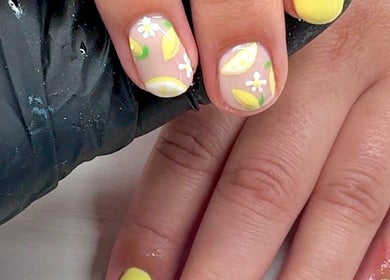 Vibrant citrus nail art at Afterglow Beauty, Cambridge, England, GB.