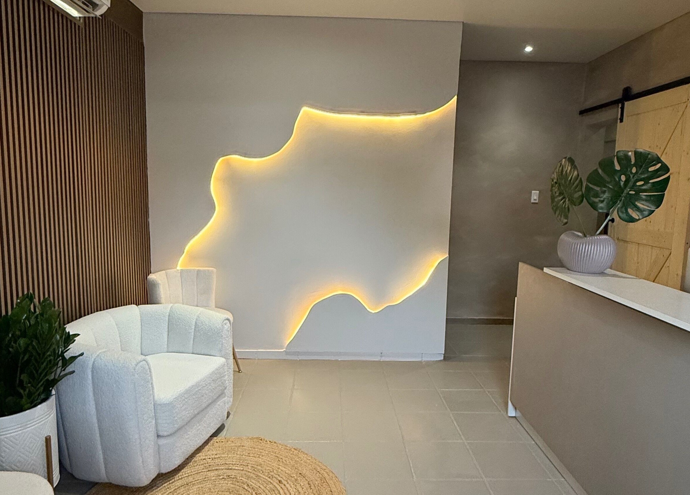 Recepción elegante en SkinFinity by Aimee Negron, San Juan, San Juan, PR con diseño de pared iluminada.