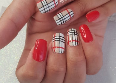 Elegant plaid and red manicured nails at Mielyque Nails, Stellenbosch, Western Cape, ZA.