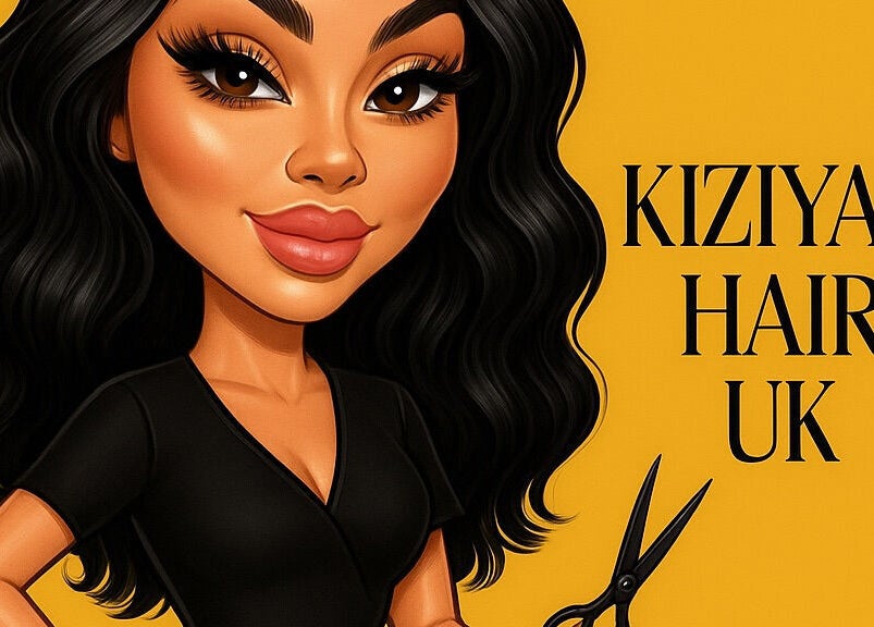 Cartoon stylist holding scissors representing KIZIYAA HAIR UK, Derby, England, GB.