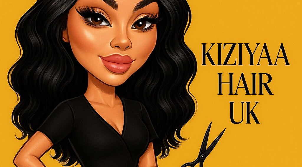 Illustration of a stylish woman with scissors at KIZIYAA HAIR UK, Derby, England, GB.