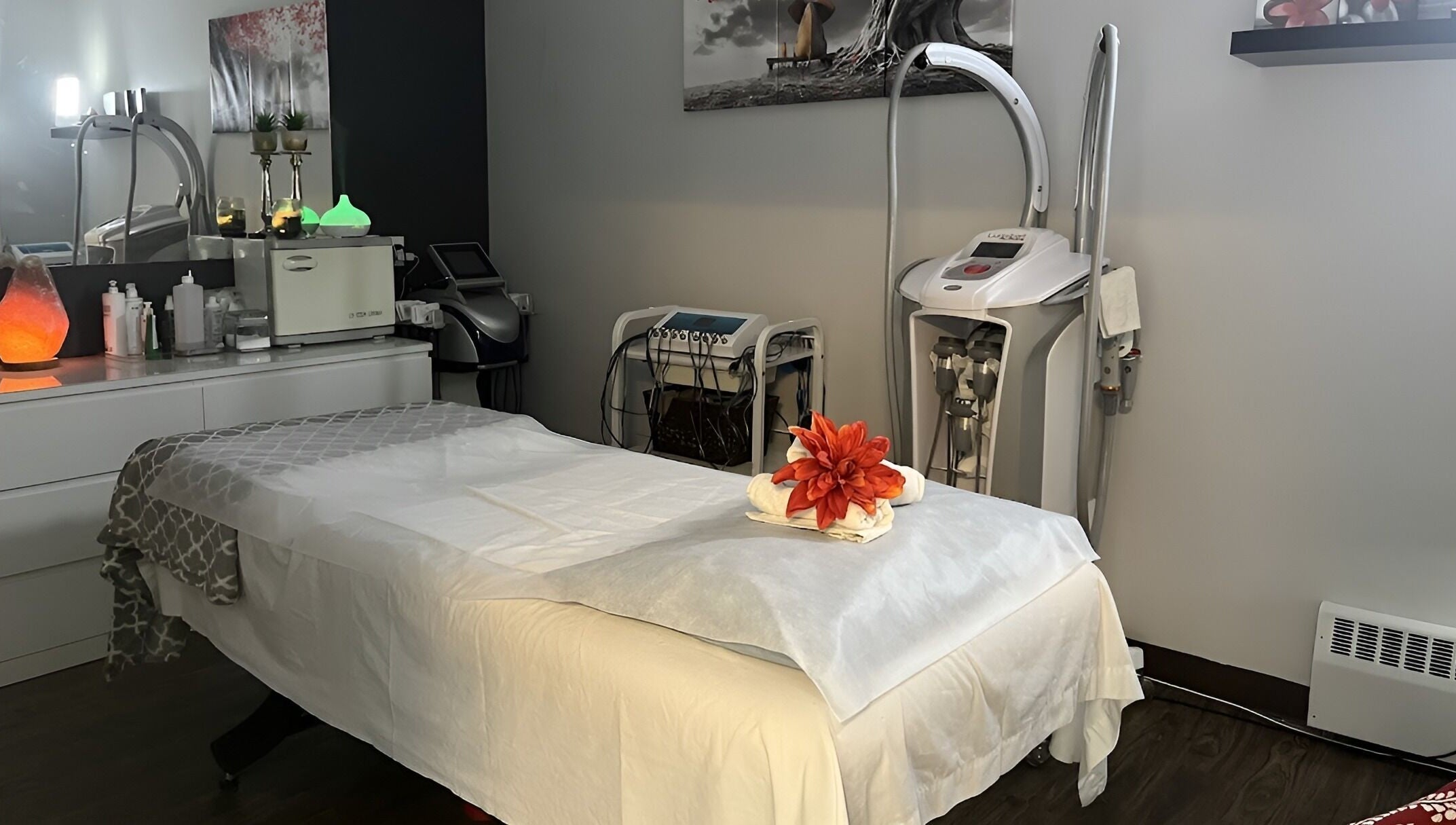 Tranquil spa room at Adriana's Health Spa, Hamilton, Ontario, CA, with massage table and calming decor.