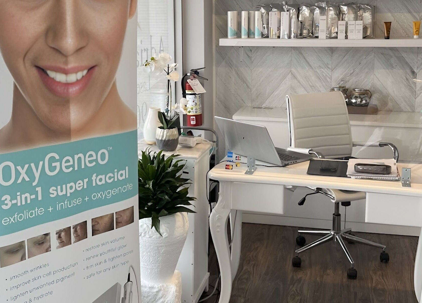 Adriana's Health Spa facial area with OxyGeneo products, in Hamilton, Ontario, CA, showcasing a serene setup.