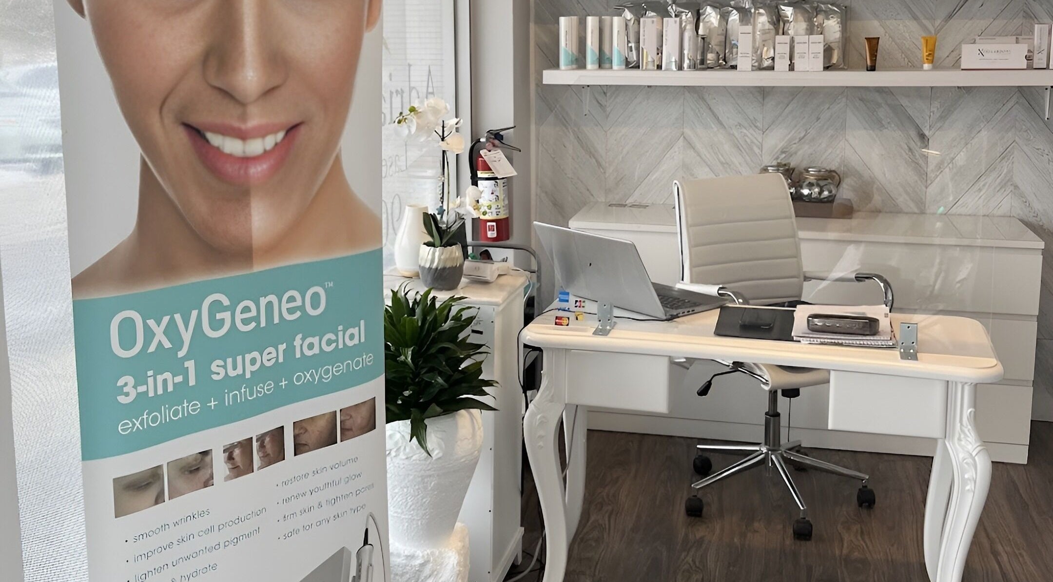 Adriana's Health Spa facial area with OxyGeneo products, in Hamilton, Ontario, CA, showcasing a serene setup.