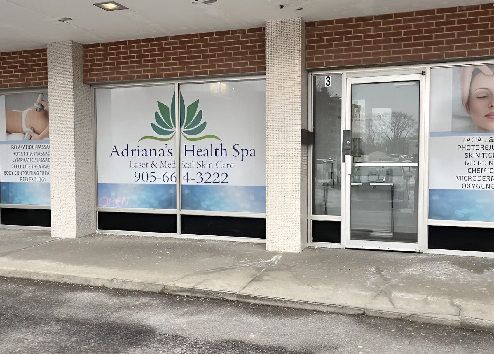 Front view of Adriana's Health Spa in Hamilton, Ontario, CA showcasing services like laser clinics and massages.