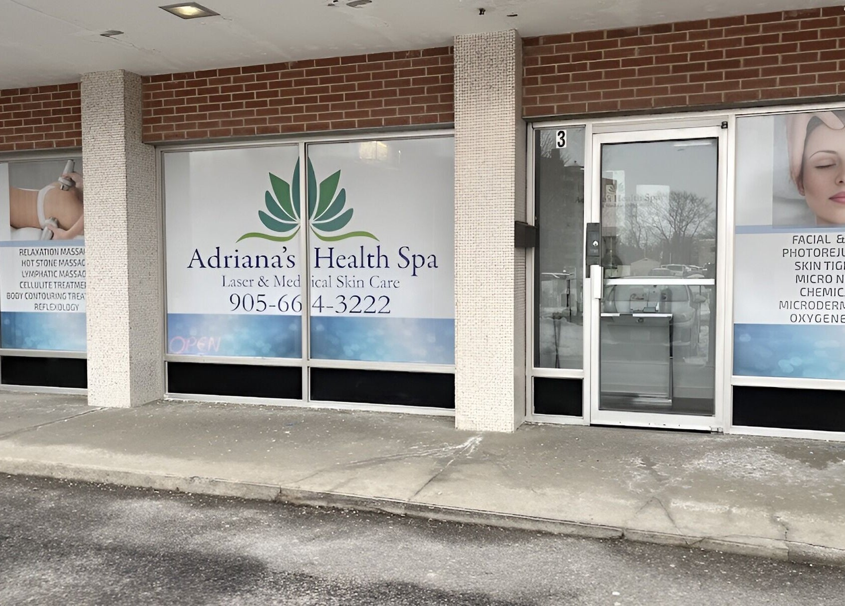 Front view of Adriana's Health Spa in Hamilton, Ontario, CA showcasing services like laser clinics and massages.