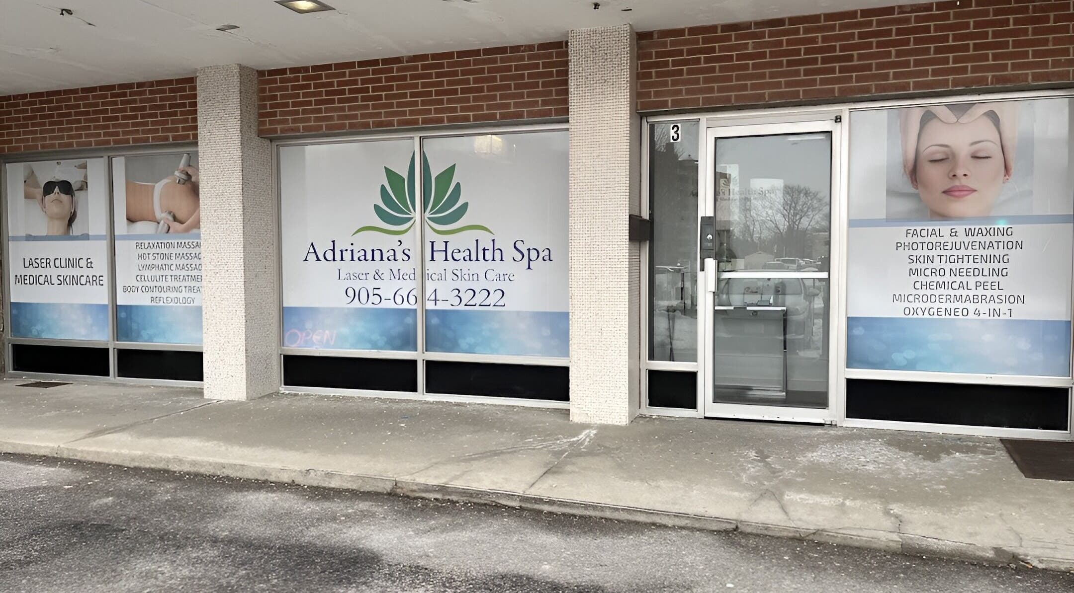 Front view of Adriana's Health Spa in Hamilton, Ontario, CA showcasing services like laser clinics and massages.