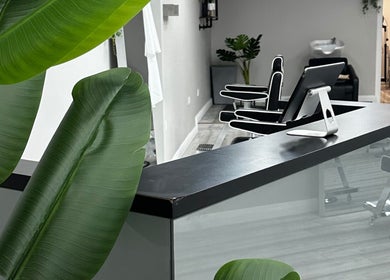 Modern salon interior at SCULPT with sleek counter and plants in Newry, Northern Ireland, GB.