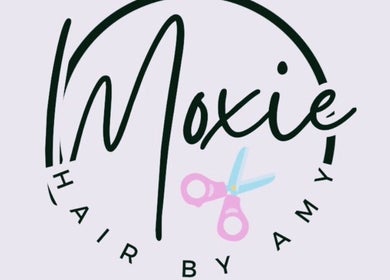 Logo for Moxie, Hair by Amy based in Panama City, Florida, US featuring stylistic text and scissors.