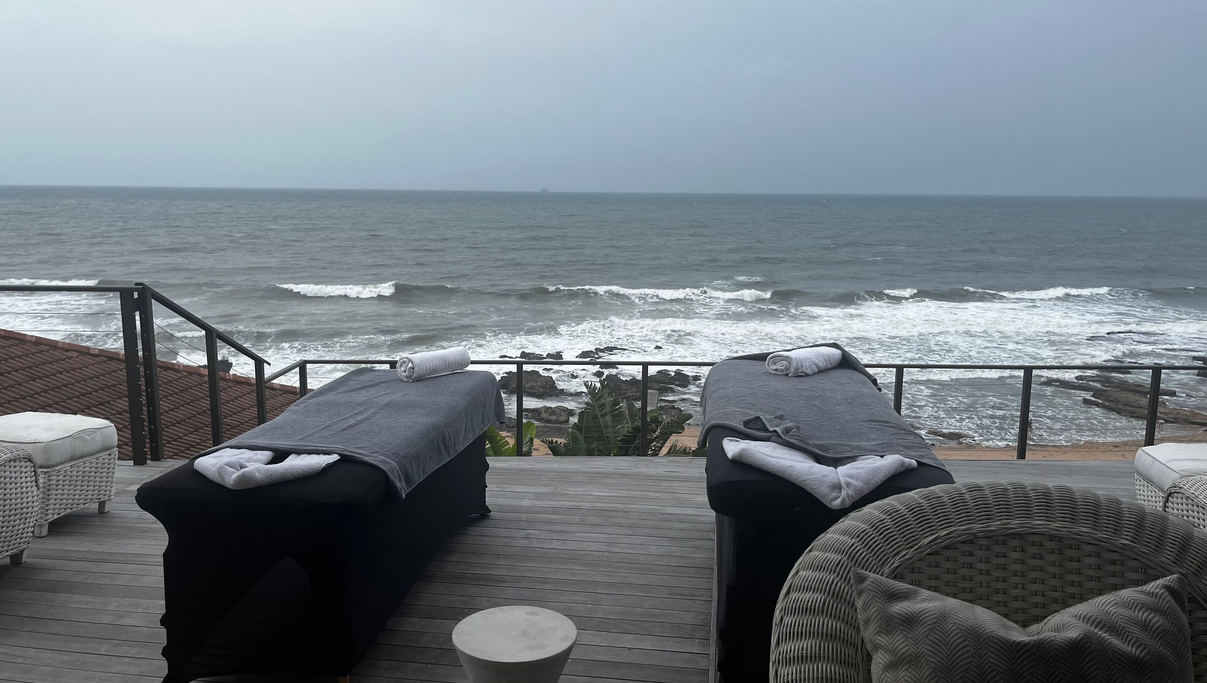 Relaxing massage tables at Zama’s Mobile Therapy overlooking ocean in Tongaat, Kwazulu-natal, ZA.