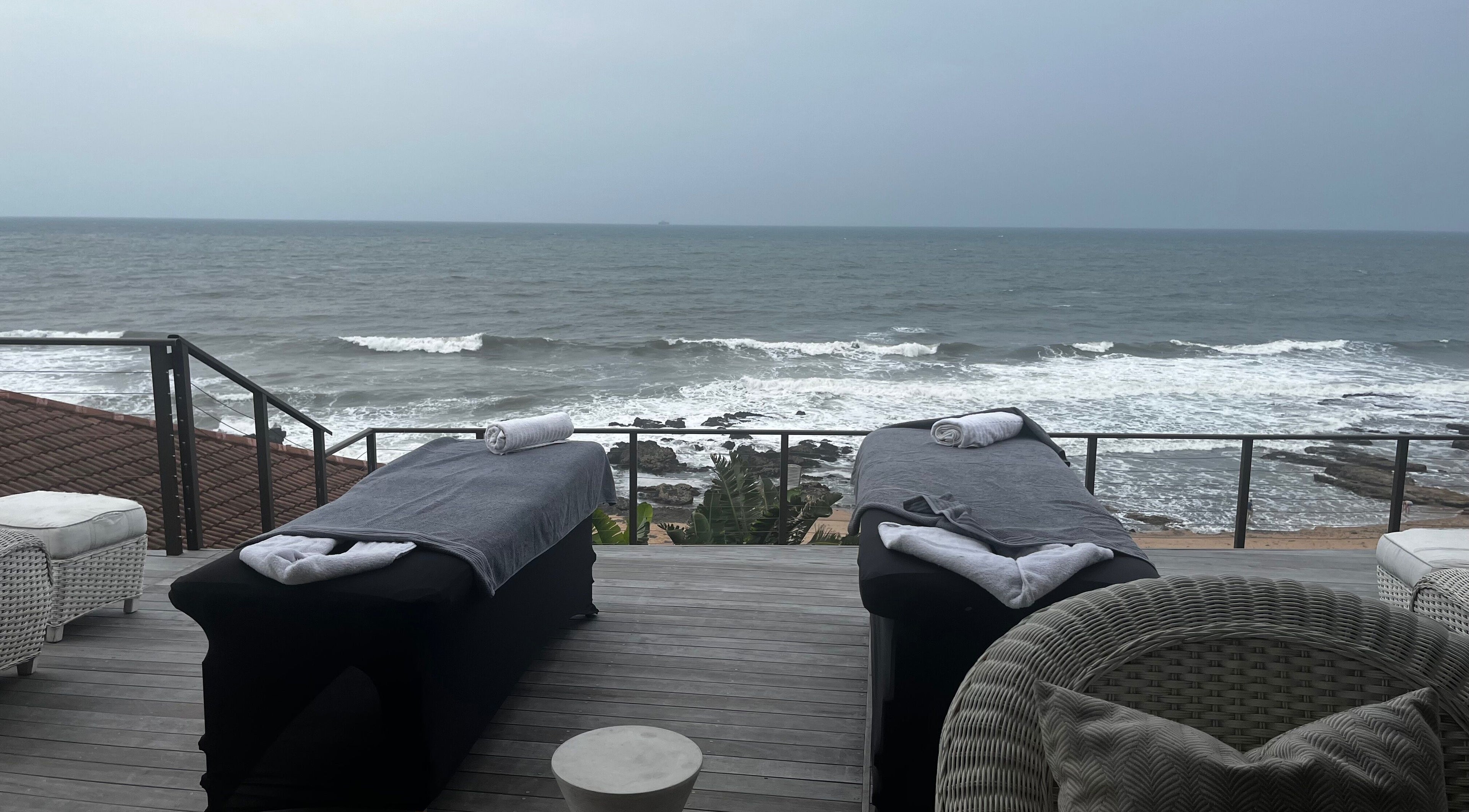 Relaxing massage tables at Zama’s Mobile Therapy overlooking ocean in Tongaat, Kwazulu-natal, ZA.