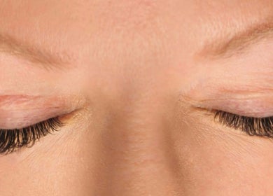 Close-up of expertly applied eyelash extensions at Enigma Prestige Beauty, Newbury, England, GB.