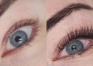 Close-up of eye showing dramatic lash extension transformation at Enigma Prestige Beauty, Newbury, England, GB.