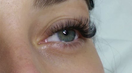 Close-up of styled eyelashes at Enigma Prestige Beauty, Newbury, England, GB. Eyelash extension service.