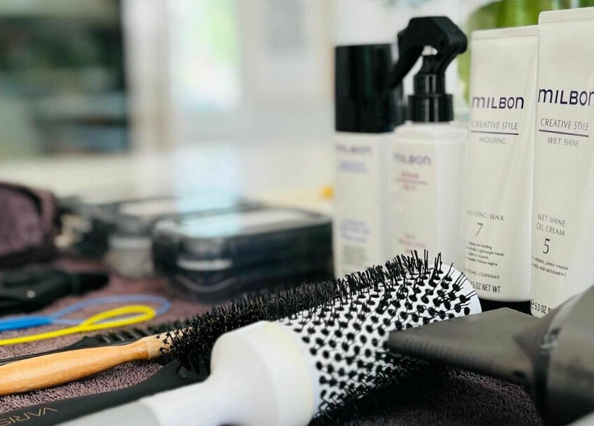 A range of hair styling products and tools at R Hair Studio in New York, New York, US.