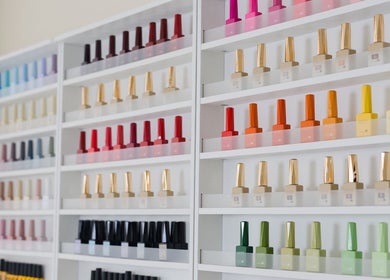 Rows of vibrant nail polishes at ProBeauty, Virginia Beach, Virginia, US.