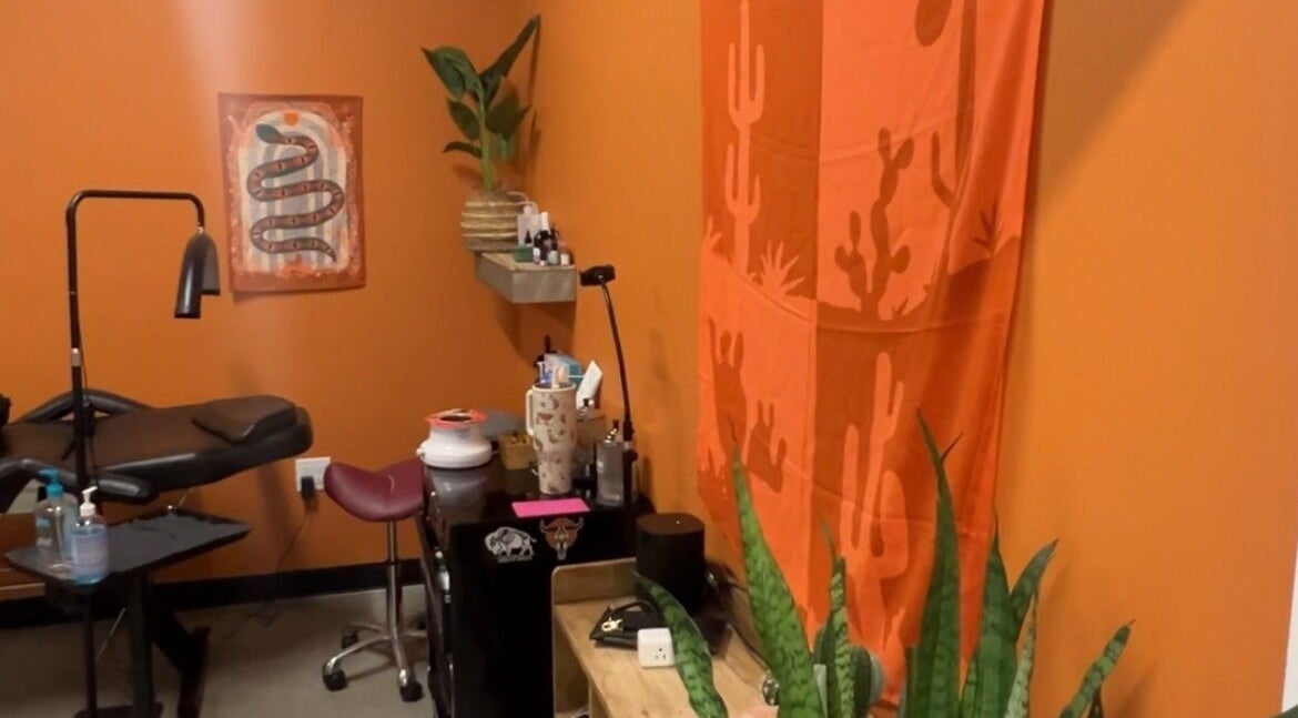 Inviting, cozy room at Lemon's Esthetics Studio, South Jordan, Utah, US with warm orange decor and plants.