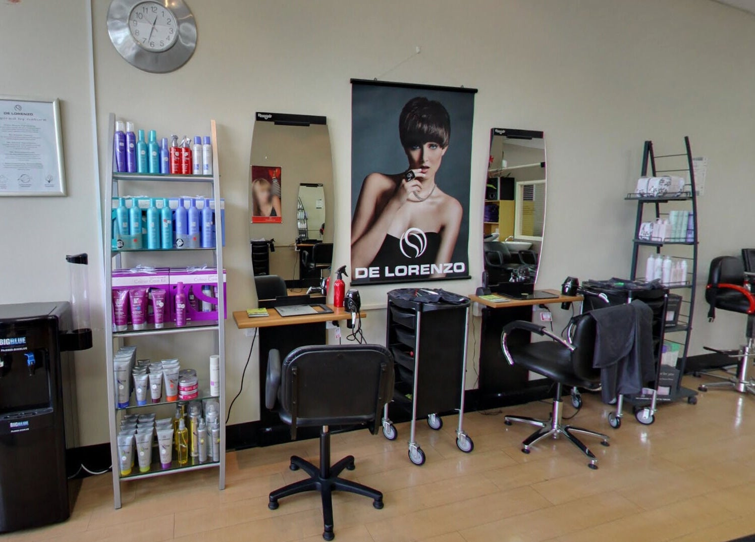 Modern salon chairs and beauty products display at Styleworks salon, Auckland, Auckland, NZ.